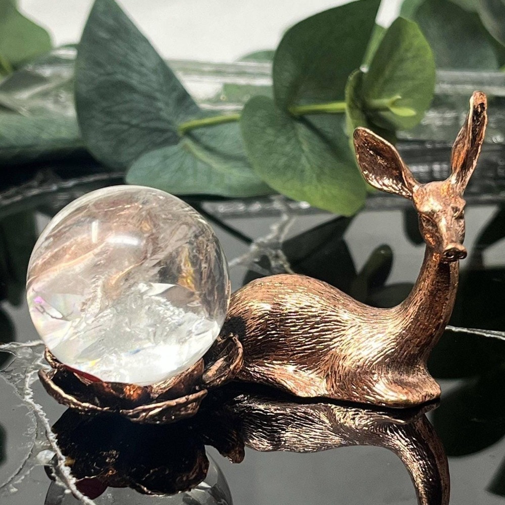 Bronze Deer Sphere Stand Small Crystal Ball Holder Spirit Animal Doe Altar Decor